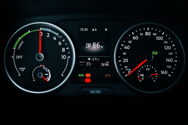 The dashboard of an electric vehicle shows how much battery capacity is left.