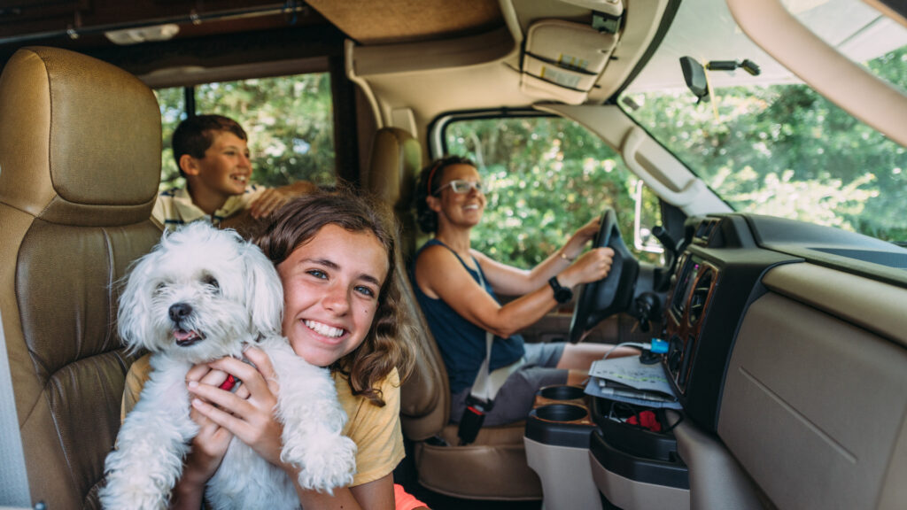 A family with safety belts in motorhomes